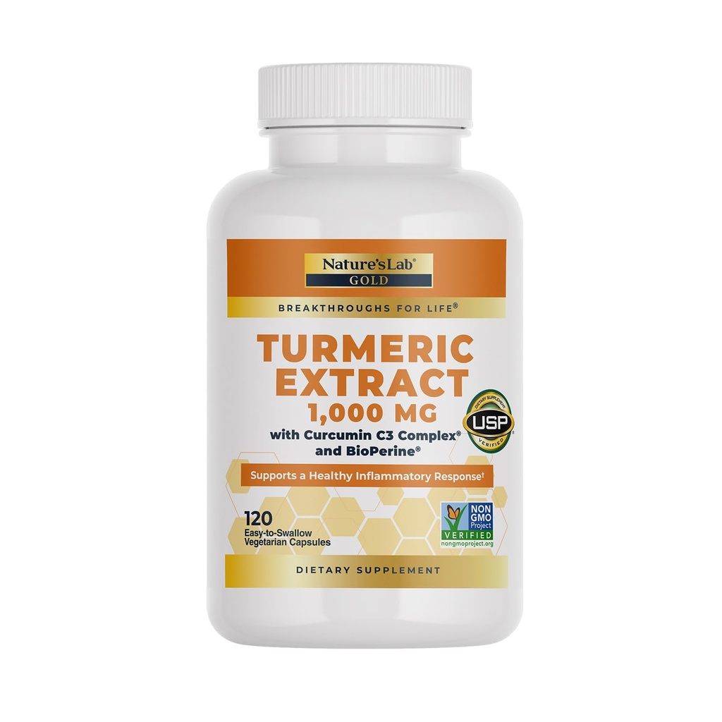 Nature's Lab Turmeric Curcumin C3 Complex 1000mg - Turmeric Extract 1000mg & BioPerine 5mg Standardisiert auf 95%, fördert Herz-Kreislauf-, Immun-, Gelenk-, Hautgesundheit - 120 Kapseln (60 Tage Versorgung)