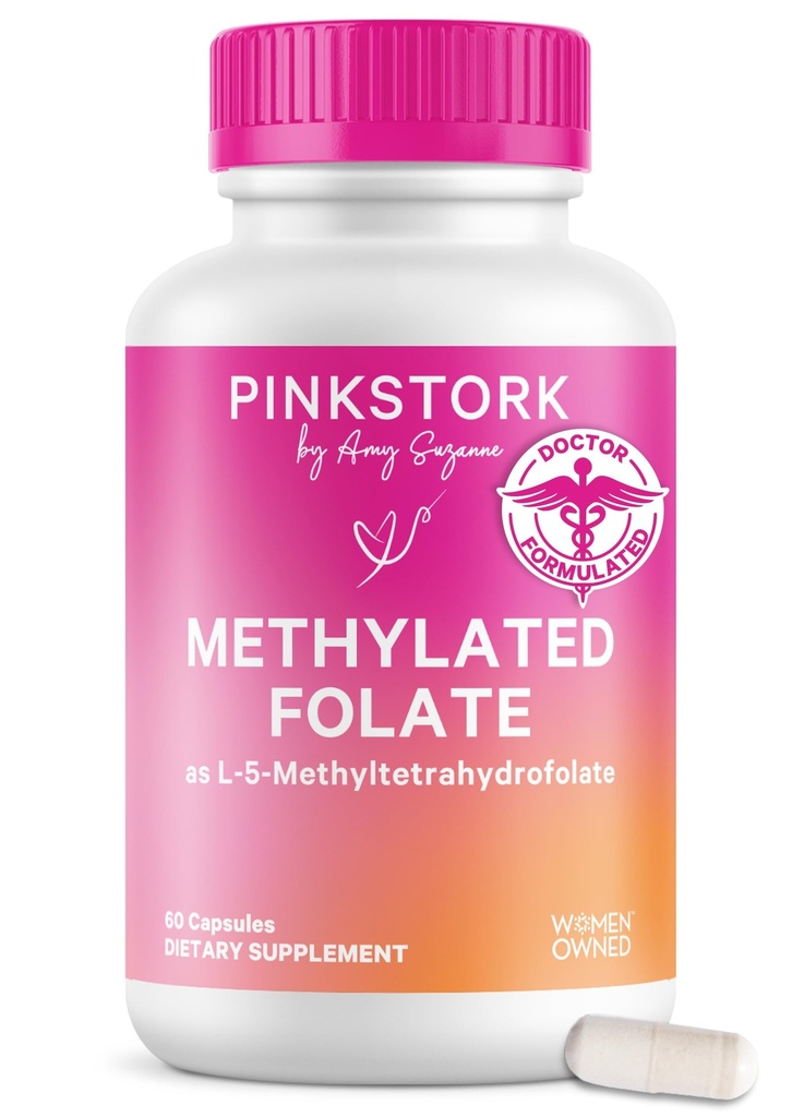Rosa Storchfolat: Methylfolat - MTHFR-Säure, natürliche Form von Folsäure für die Schwangerschaft, formuliert für Mama + Baby, Frauen, 60 Kapseln (Verpackung kann variieren)