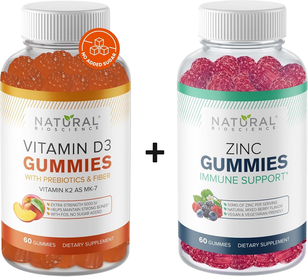 Natürliche BioScience Zuckerfreies Vitamin D3 K2 Gummie 5000 IU & Zink-Gummi 50 mg, Extrastärke, Immununterstützung, Knochengesundheit, Herzgesundheit, Hautunterstützung, 60 Gummy Vitamine