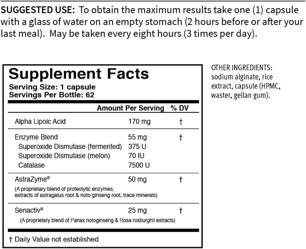 USAEnzymes YOUTHXYM 62 Delayed Release Vegetarische Kapseln, Anti-Oxidant Enzym-Ergänzung. 170mg Alpha Lipoic Acid (ALA) + 50mg AstraZyme, um Protein-Digestion zu verbessern.