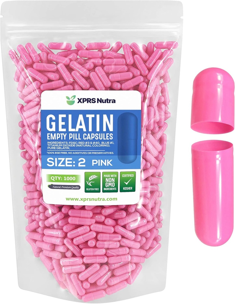 XPRS Nutra Größe 2 Leere Kapseln - 1000 Graf Leere Gelatine Kapseln - Pillen DIY Kapsel Füllung - Pure Bovine Pille Gel Kapseln für Do-It-Yourself Ergänzungen (Pink)