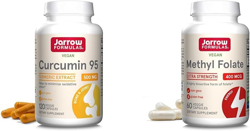 Jarrow Formeln Curcumin 95 500mg und Methyl Folate 400mcg Antioxidans und Herz-Kreislauf-Gesundheitsunterstützung Nahrungsergänzungsmittel Bundle, 120 und 60 Veggie Kapseln