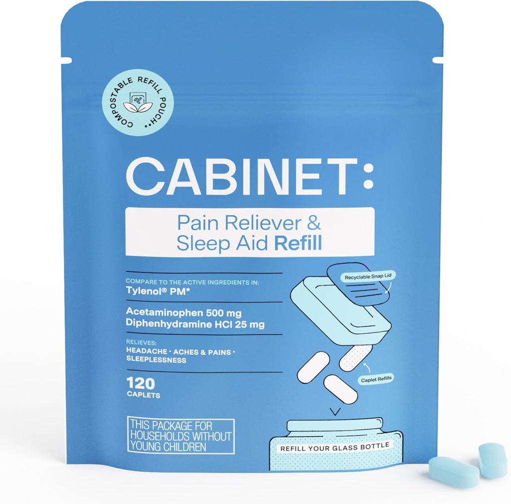 Kabinett: Nighttime Pain Reliever and Sleep Aid for Headaches, Aches, and Pains | Acetaminophen 500mg, Diphenhydramine 25mg,120 Caplets (Refill)