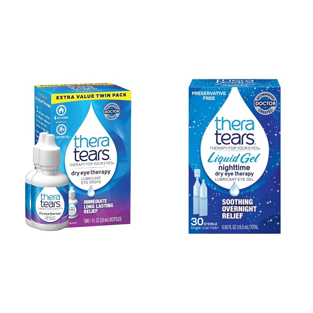 TheraTears Dry Eye Therapy Lubricating Eye Drops für trockene Augen, 1 fl oz Flaschen Twin Pack, (2 x 30mL Flaschen) & Liquid Gel Nachtzeit Schmieren Augentropfen für trockene Augen, Single-Use Vials, 30 Count
