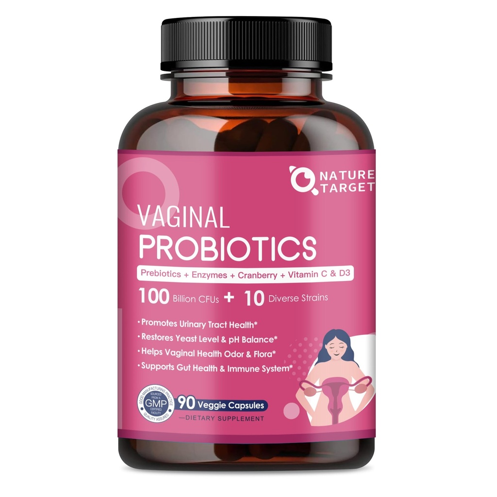 NATURE TARGET Femmes vaginales Probiotiques, 100 milliards d'UFC Probiotiques et prébiotiques avec enzymes digestives, canneberge et mannose D - soutient l'équilibre du pH, l'odeur et le trac urinaire santé - 90 capsules
