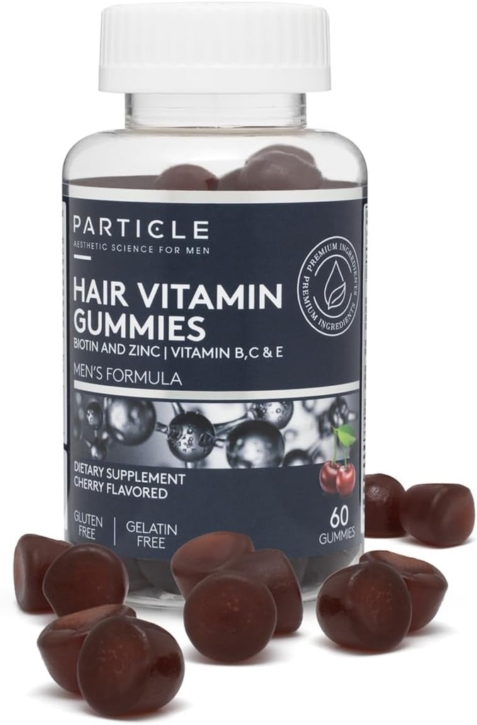 Partikel Herren-Haargummis, Glutenfreie & Vegan-Ergänzung mit Vitamin C, Biotin, Zink & Vitamin B12, Men’s Daily Supplement for Hair & Wellness Support, Cherry Flavor, 60 Gummis, 1 Monat Versorgung