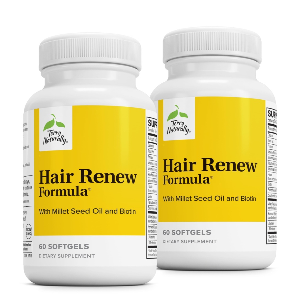 Terry Naturally Hair Renew Formula - Supplément de soutien à la croissance des cheveux avec biotine et acide folique du cavalier - Huile de graine de millet pour la production de kératine - 60 Softgels, 2 Pack