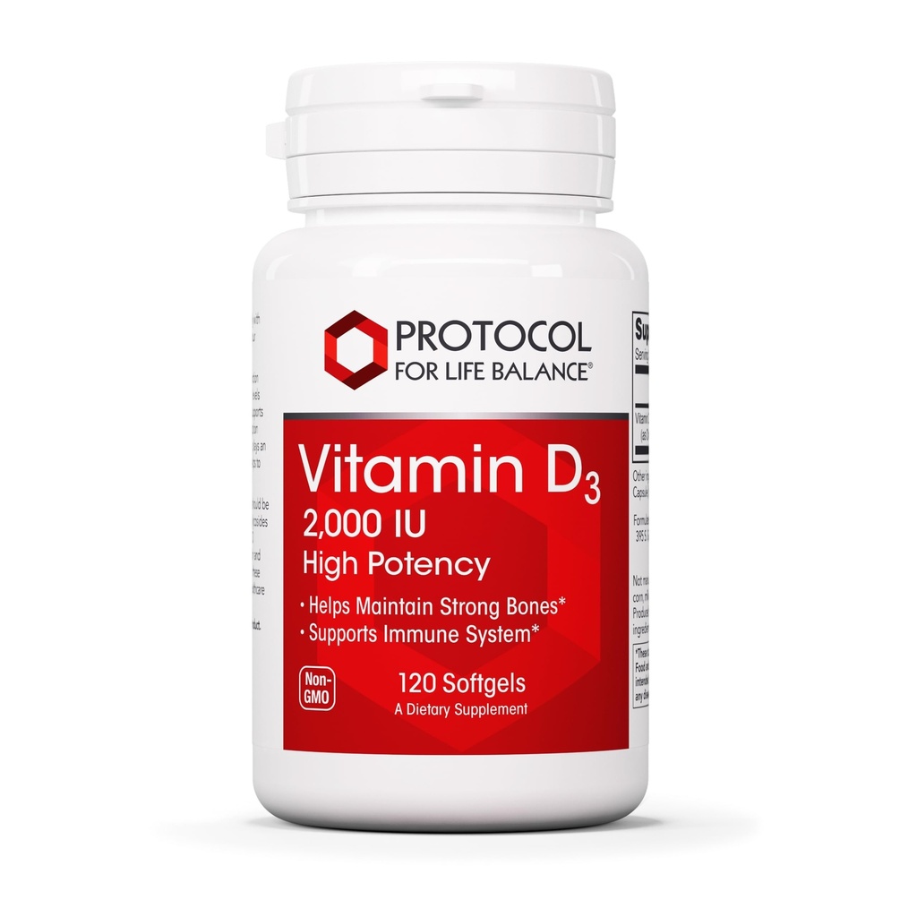Protocole Vitamine D3 2000 UI - Soutien immunitaire, os et dents sains - 120 Softgels