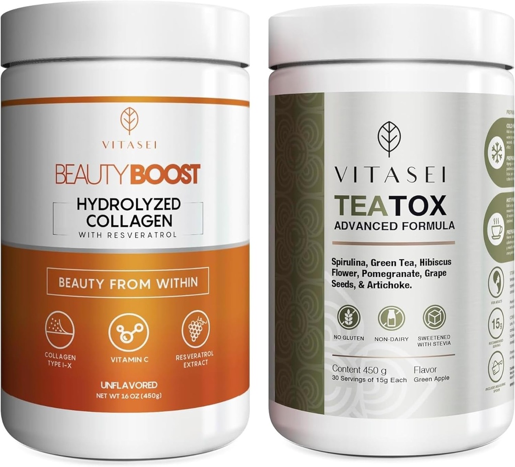 VITASEI Wellness Bundle – Hydrolyzed Collagen Peptides Powder & Teatox Detox & Cleanse Support Powder – Hair, Skin, Nails & Digestion Booster for Women & Men