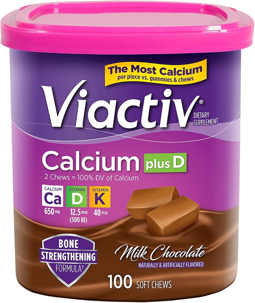 Viactiv Calcium +Vitamin D3 Supplement Soft Chews, Milk Chocolate, 100 Chews - Calcium Dietary Supplement for Bone Health