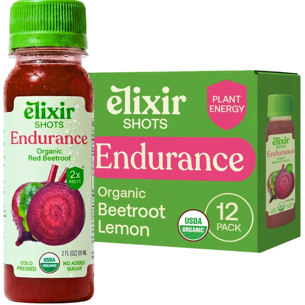 Elixir Shots, Endurance & Wellness Shot avec des ingrédients 100% bio pressés à froid, betterave, carotte, céleri, citron, aucun sucre ajouté ou ingrédients artificiels, 12 Pack