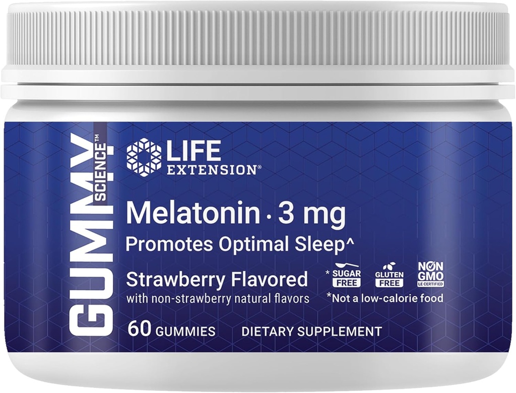 Life Extension Gummy ScienceTM Melatonin (Strawberry), 3 mg, Optimale Schlafunterstützung, Gesunde circadian Rhythm, Cellular Defense, Glutenfrei, Non-GMO, Vegetarisch, 60 Gummies