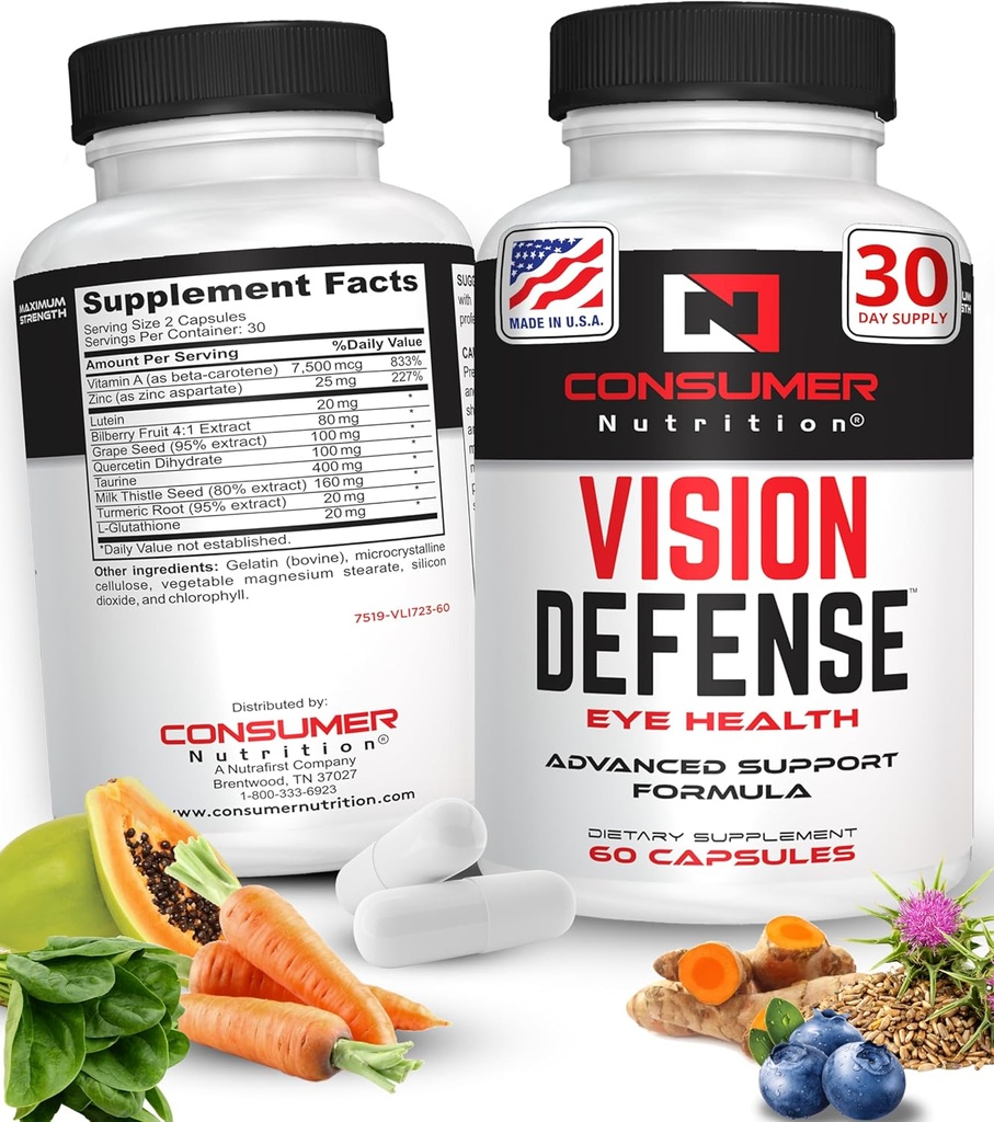 Augengesundheit Nahrungsergänzungsmittel für Erwachsene - Unterstützt und schützt die Augengesundheit mit Vitamin A, Lutein, Taurine, Turmeric Root, Grape Seed Extract & Milk Thistle Seed - Vision Defense 60 Ct