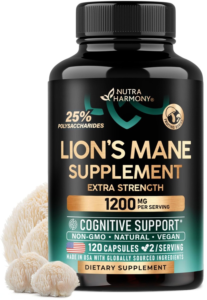 Lions Mane Supplement Kapseln - Bio Lions Mane - Made in USA - Fruchtkörper-Extrakt - 1200 mg, 25% Polysaccharide - Memory & Focus Support - Als Lions Powder - 120 Kapseln, 2 Monate Versorgung
