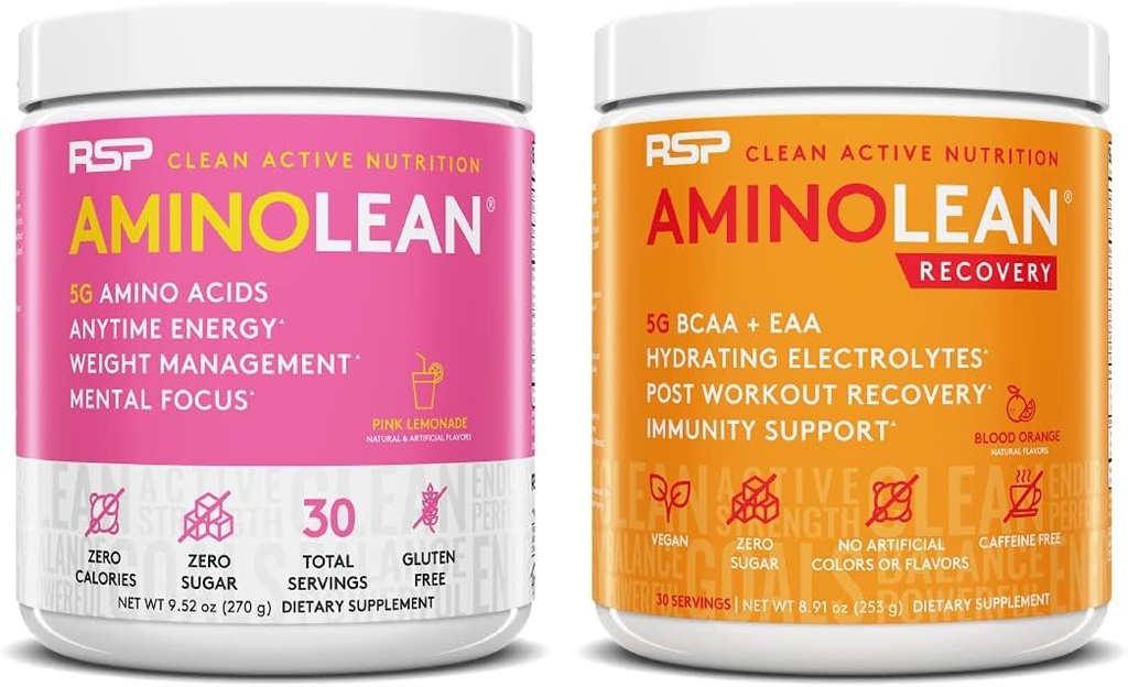 RSP NUTRITION AminoLean Énergie de pré-entraînement (Pink Lemonade 30 portions) avec AminoLean Recovery Post Workout Boost (Blood Orange 30 portions)