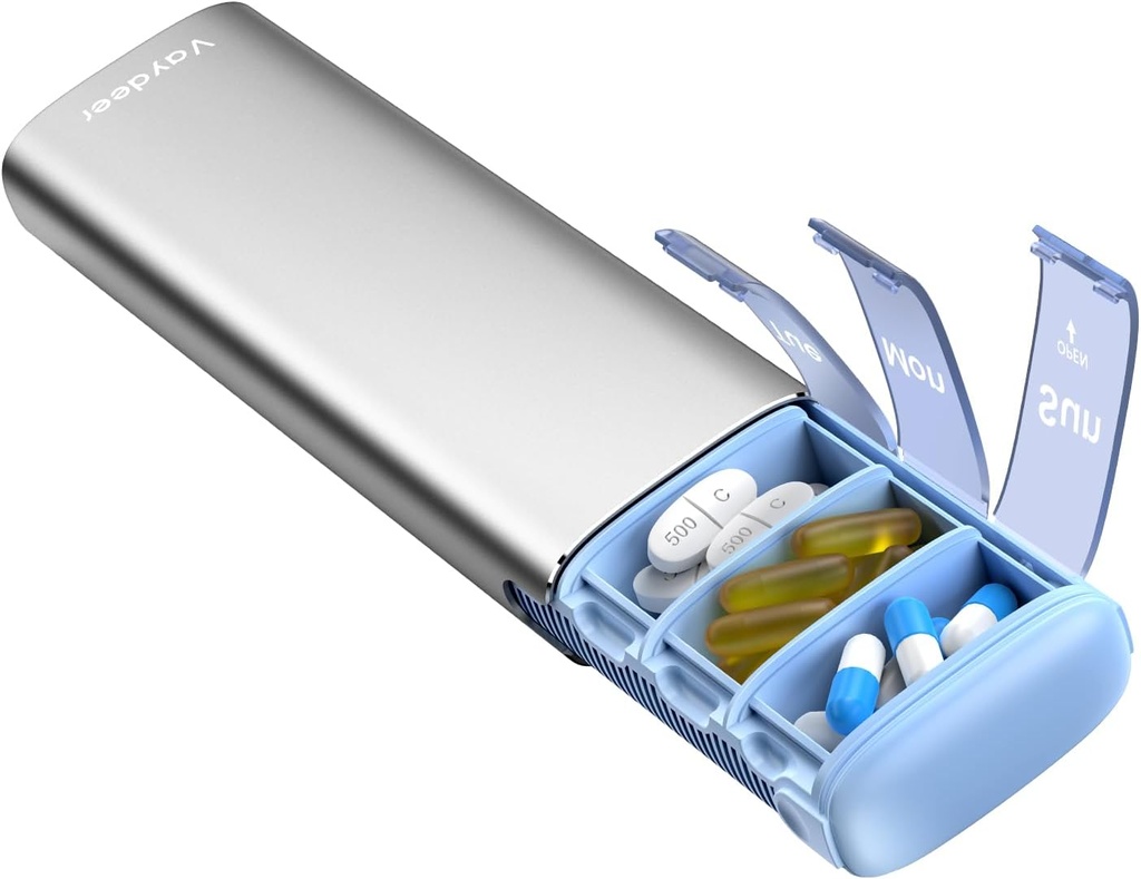 Vaydeer Metal Travel Pill Organizer, 7 Day Weekly Pill Box, Large Capacity Daily Cute Pill Case for Supplements, Pills, Vitamins and Medication (Small,Sliver)