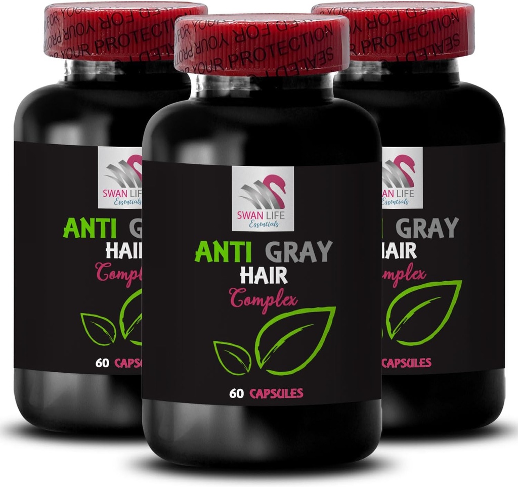 Vitamines de cheveux gris - ANTI GRAY HAIR COMPLEX - Rééveil de la couleur, Supplément de cheveux gris, Soins naturels gris, Cheveux vibrants, Luminosité des cheveux, Vivacité de la couleur, Gestion des cheveux gris 3 bouteilles 180 capsules