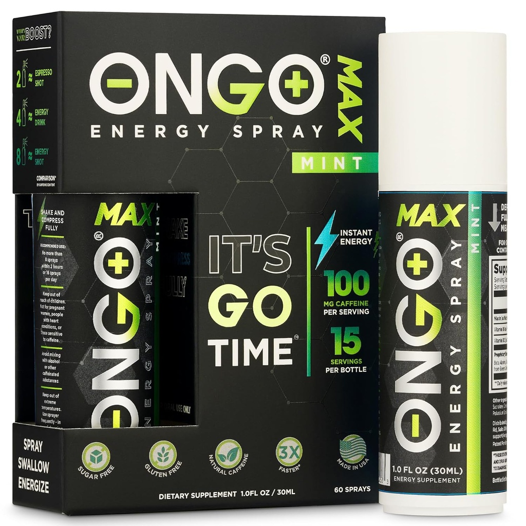 OnGo Energy - Natürliche Koffein (1500mg) Instant Energy Oral Spray | Vegan, Zucker und Gluten frei | B3, B6, B12 Vitamin Spray | Fokus und Gedächtnis | Studie, Arbeit und vieles mehr | Mint Geschmack | 15 Portionen