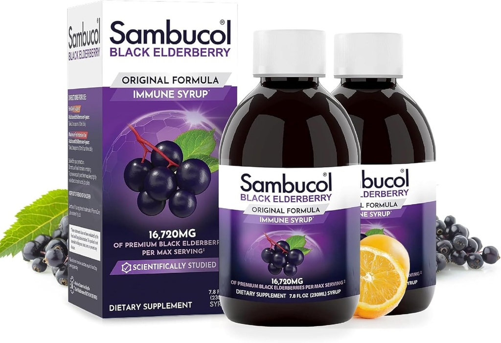 Sambucol Black Elderberry Syrup - Sambucus Syrup, Black Elderberry Liquid, Immununterstützung für Kinder und Erwachsene, High Antioxidants, Gluten Free - Original Formula, 7.8 Fl Oz, 2-Pack