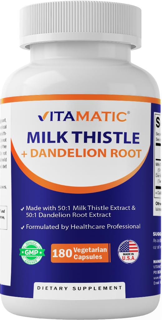 Vitamatic Milk Thistle 50:1 Extrakt 500mg, Dandelion Root 50:1 Extrakt 100mg, 180 vegetarische Kapseln, Non-GMO, Glutenfrei