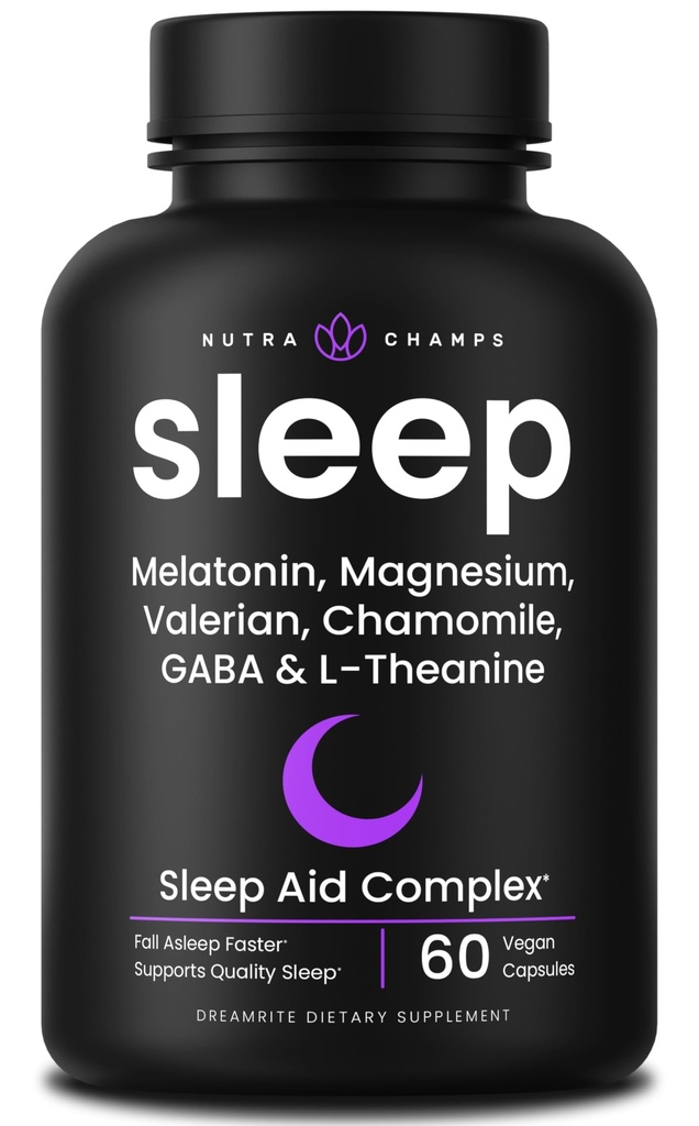 NutraChamps 10-en-1 Aide naturelle au sommeil pour les adultes - Mélatonine, Baume de citron 1000mg, Camomille 400mg, Racine Valérienne 600mg, L Theanine, L Tryptophane, GABA, Aide au sommeil Magnésium