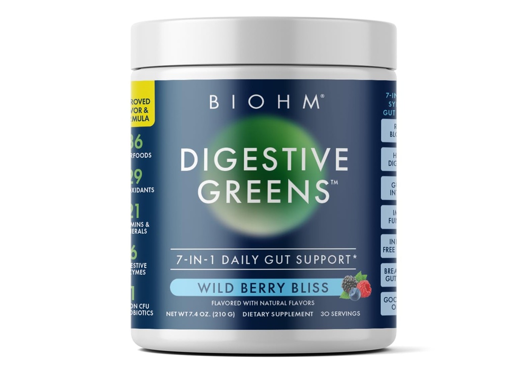 BIOHM Digestive Greens, Green Superfood Powder (7.4 Oz, 30 Servierungen) Immun- und Gut-Gesundheitsunterstützung mit Antioxidantien, Vitaminen, Probiotics & Enzymes, gute Faserquelle, Berry Flavor