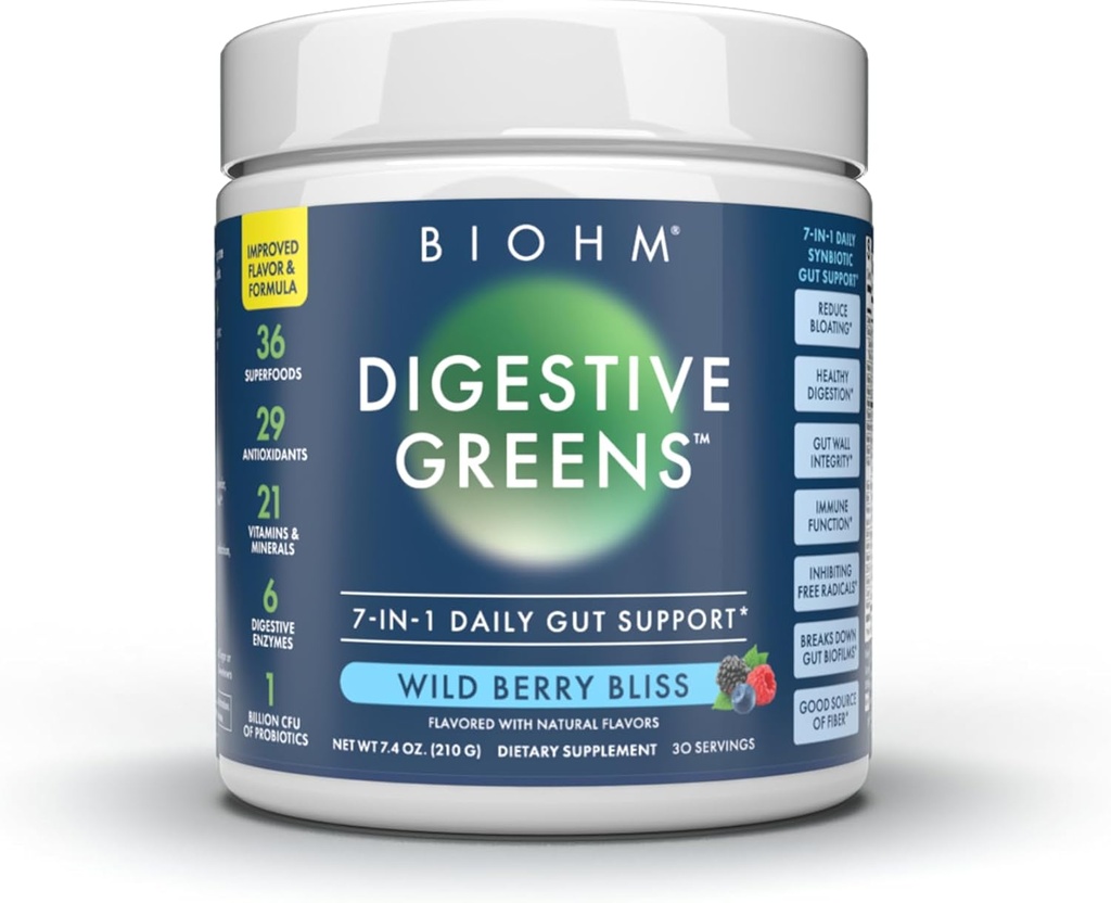 BIOHM Digestive Greens, Green Superfood Powder (7.4 Oz, 30 Servierungen) Immun- und Gut-Gesundheitsunterstützung mit Antioxidantien, Vitaminen, Probiotics & Enzymes, gute Faserquelle, Berry Flavor