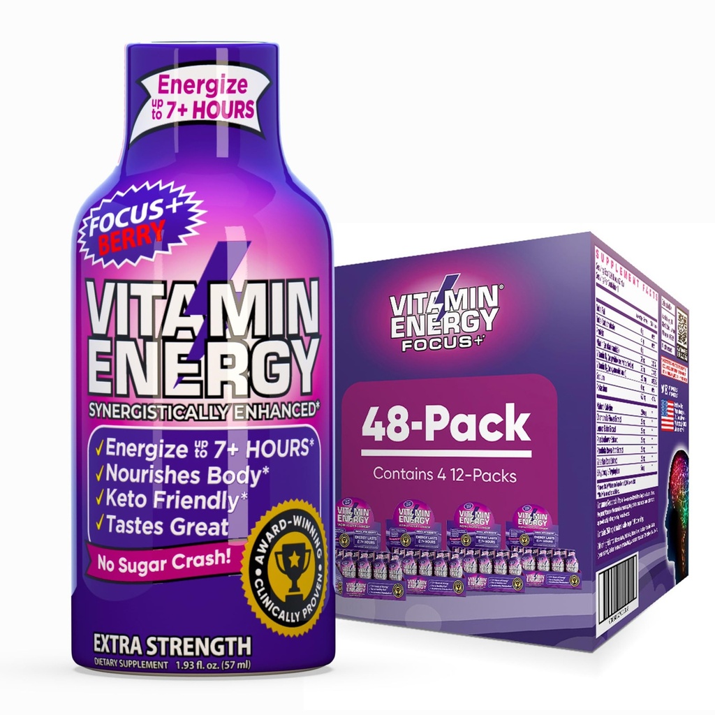 Vitamin Energy Focus+ Extra Strength Energy Shot Berry 48 Pack, 260mg Natürliche Koffein, B-Vitamine, CoQ10, Aminosäuren, Fokus, Produktivität & Clarity, Zero Sugar, Glutenfrei, 1,93 fl oz