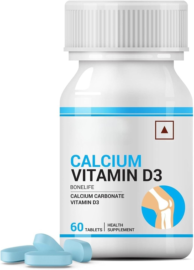 Calcium und Vitamin D3 Tabletten für Männer Frauen | Calciumcarbonat-Ergänzung für Knochen und Gelenkunterstützung - 60 Tabletten (Pack von 1, 60)