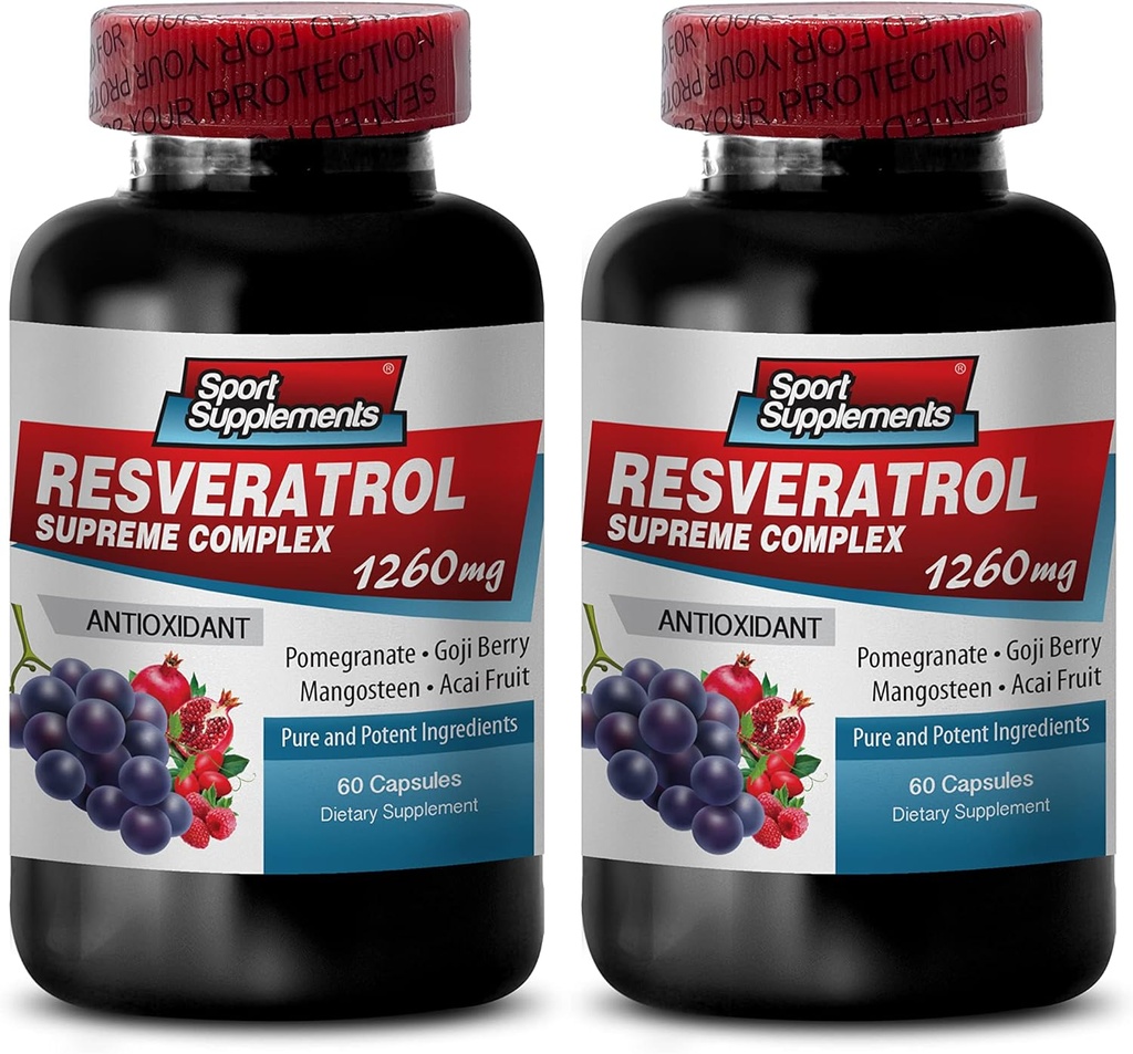 Resveratrol Supreme 1200mg Maximum Strength Plus 1200 Suppléments de vin rouge, resveratrol Supplément vin rouge, resveratrol antioxydant, vin rouge Extrait avec resveratrol, vin rouge Graine de raisin 2 bouteilles