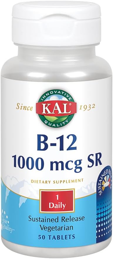 KAL B-12 1000 mcg Sustained Release | Gesunde Stoffwechsel, Energie, Nerve & Red Blood Cell Support | Vegetarian | Lab Verifiziert | 50 Tabletten