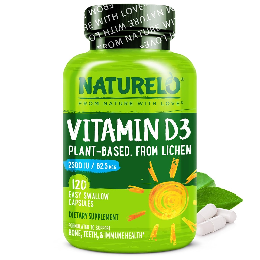 NATURELO Vitamin D - 2500 IU - Pflanze aus Lichen - Natürliche D3 Ergänzung für Immunsystem, Knochenunterstützung, Gelenkgesundheit - Vegan - Non-GMO - Glutenfrei - 120 Kapseln