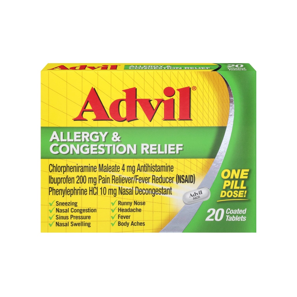 Advil Allergy and Congestion Relief Tablets, Schmerzrelief, Fever Reducer und Allergy Relief mit Ibuprofen, Phenylephrine HCl und Chlorpheniramin Maleat 4 mg - 20 Beschichtete Tabletten
