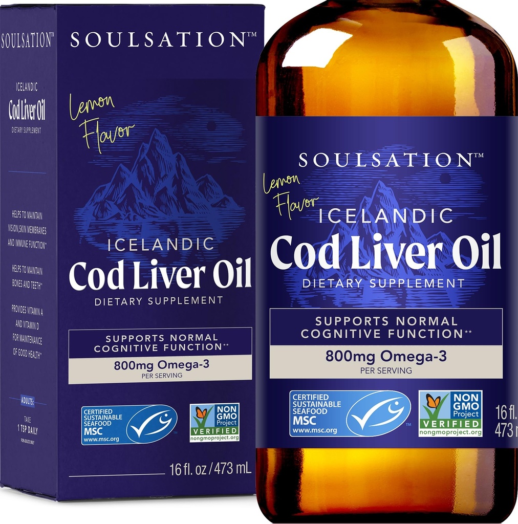 Huile de foie de morue islandaise liquide, citron (16oz) - Vitamines A & D, EPA & DHA - Aide la vision, les membranes de peau et la fonction immunitaire - MSC certifié, non-OGM