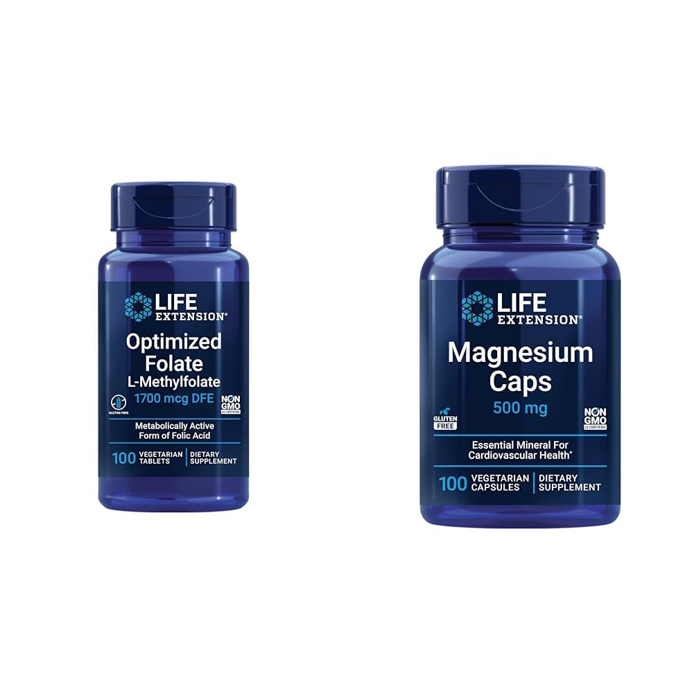 Prolongation de la vie Cerveau et coeur Santé Folate et supplément de magnésium, 100 comprimés et 100 capsules