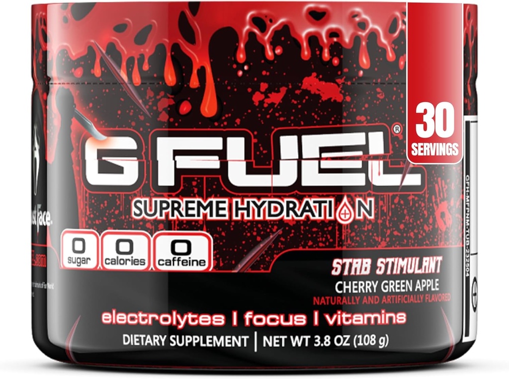G Fuel Electrolyte Powder, Cherry Green Apple, Stab Stimulant, Zero Sugar und Caffeine-Free Hydration Mix mit Elektrolyten und Vitaminen, 3.8 oz (Ghost Face, 30 Servierungen)