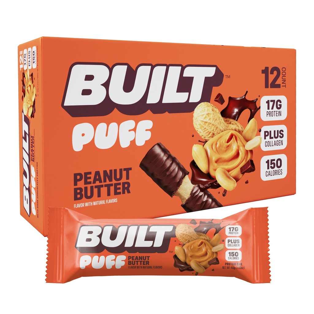 Erbaute Bar, Puff Protein Bars, Peanut Butter Puff, 17g Protein Snacks, On-The-Go Bars, Nur 150 Kalorien, 6g Zucker, Kollagen, Glutenfrei, 12 Zähler