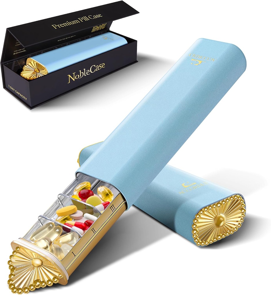 Organisateur de pilules hebdomadaires Premium, étui de pilules compactes de 7 jours pour la purse, boîte à pilules en aluminium d'or léger pour les vitamines, la médecine, les suppléments, cadeau de bien-être de luxe