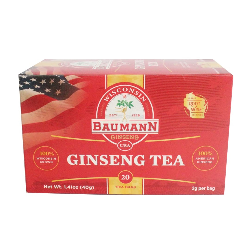 Baumann Premium American Ginseng Tea Bags (20 Teebeutel) - Authentic Panax Wisconsin Grown Panax Ginseng Kräutertee - Gesunder Grüner Tee mit Antioxidant Ginsenosides für verbesserte Fokus & Energie