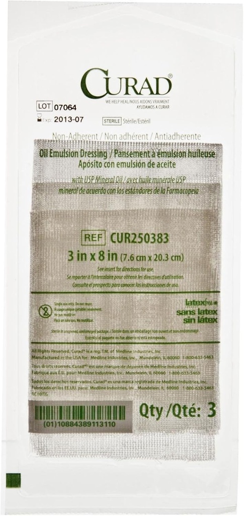 CURAD sterile nicht-Adhäreent Öl Emulsion Gauze Dressing, 3" x 8", Perfekt für Wund Pflege, Packung 648