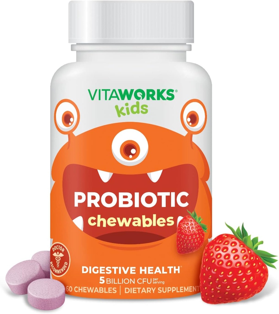 Enfant Probiotique 5 milliards d'UFC Acidophilus mélange avec la fibre prébiotique Comprimés à croquer - Berry Flavor - Vegan - Sans noix - Supplément alimentaire - Probiotiques pour la santé digestive - 60 Chewables