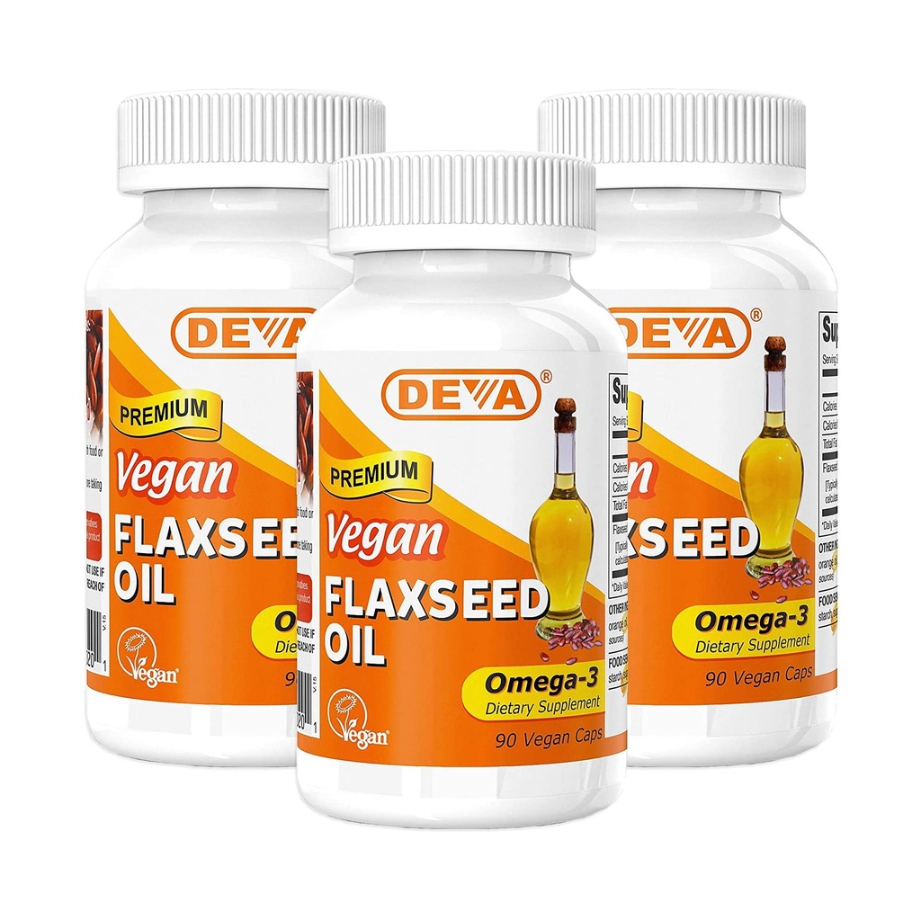 DEVA Bio Vegan Vitamine Flax Seed Oil - Reich an Omega-3, kalt-gepresst und unraffiert - 90 Kapseln (Pack von 3)
