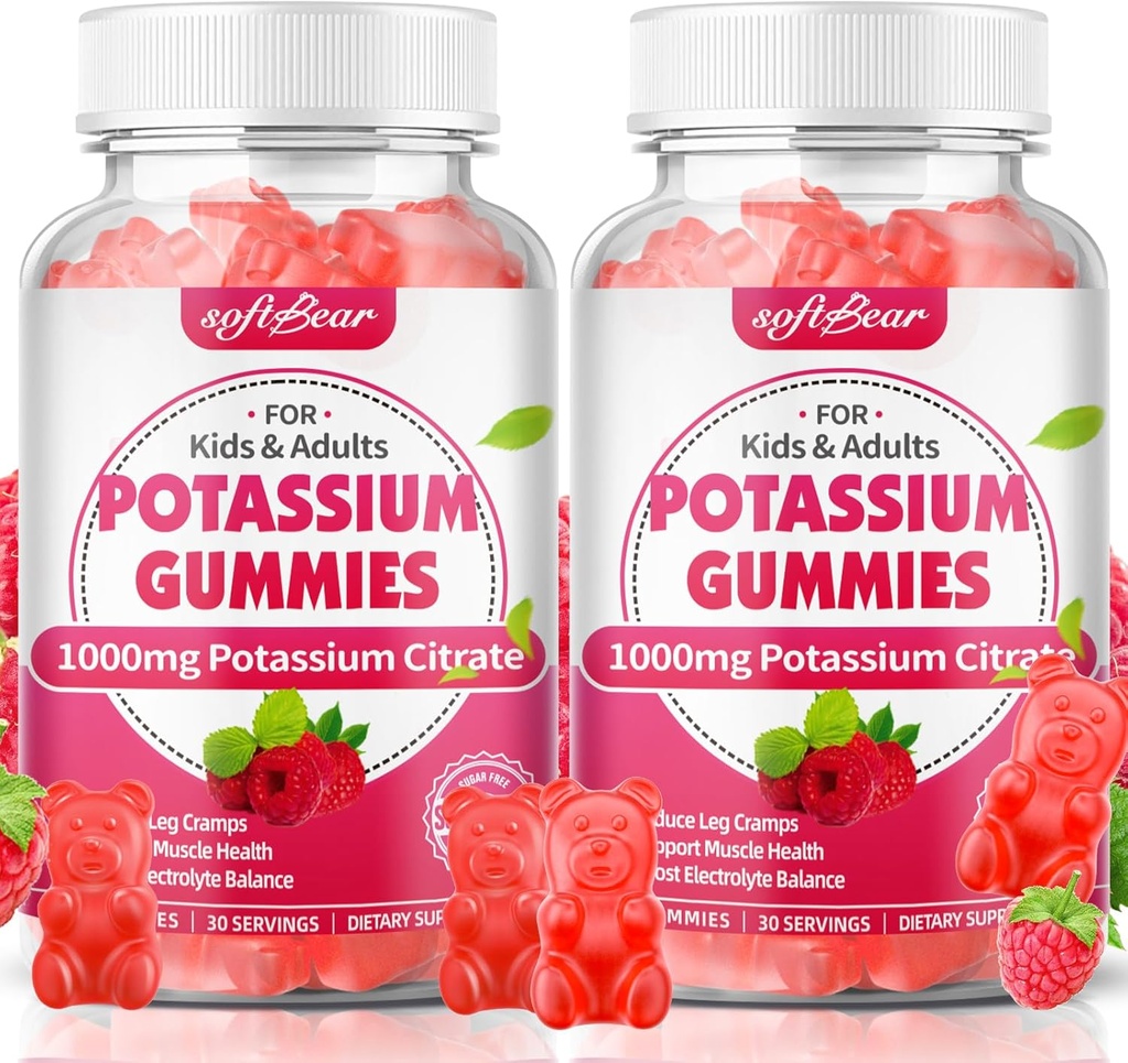 softbear Potassium Citrate 1000mg Gummies – High Absorption Potassium Gummies for Muscle Support & Electrolyte Balance – Potassium Supplement for Women & Adults, Vegan, Raspberry Flavor (120 Count)