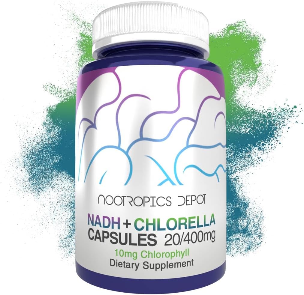 Nootropics Depot NADH + Chlorophyll 10mg Kapseln | Nicotinamid Adenin Dinucleotid 20mg | Chlorella vulgaris (Broken Cell) 400mg EnergyEnergy, Alertness, Mental Clarity, & Healthy Aging, 90 Count