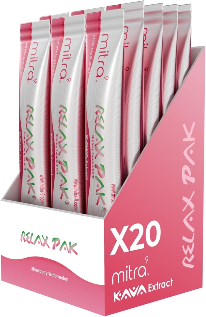 Mitra9 Kava Pulver RelaxPak - Erdbeere Wassermelone Kava Extrakt Pulver-Packets | Mood Enhancer | Plant Based | Fördert natürliche Kalk & Klarheit | Einfache offene Single-Serving Stick (20)