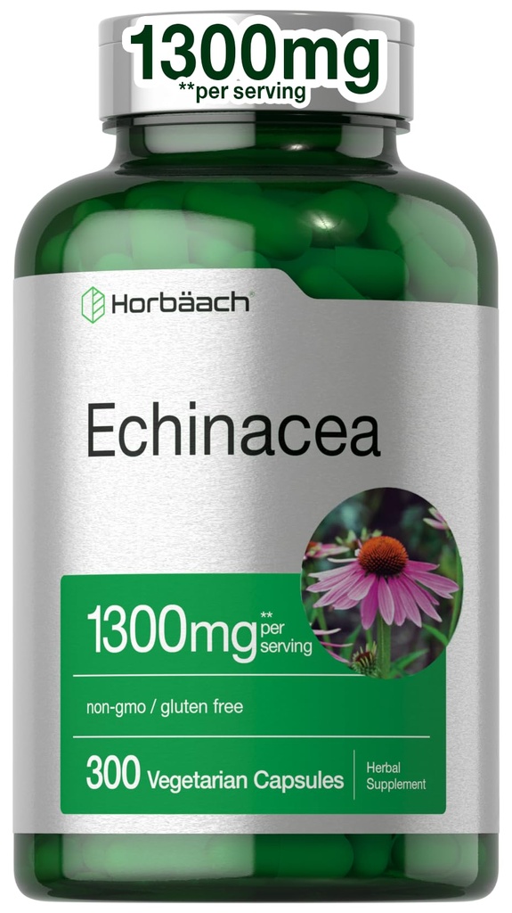 Horbäach Echinacea Extrakt Kapseln 1300mg | 300 Count | Vegan, Non-GMO, Glutenfreie Ergänzung