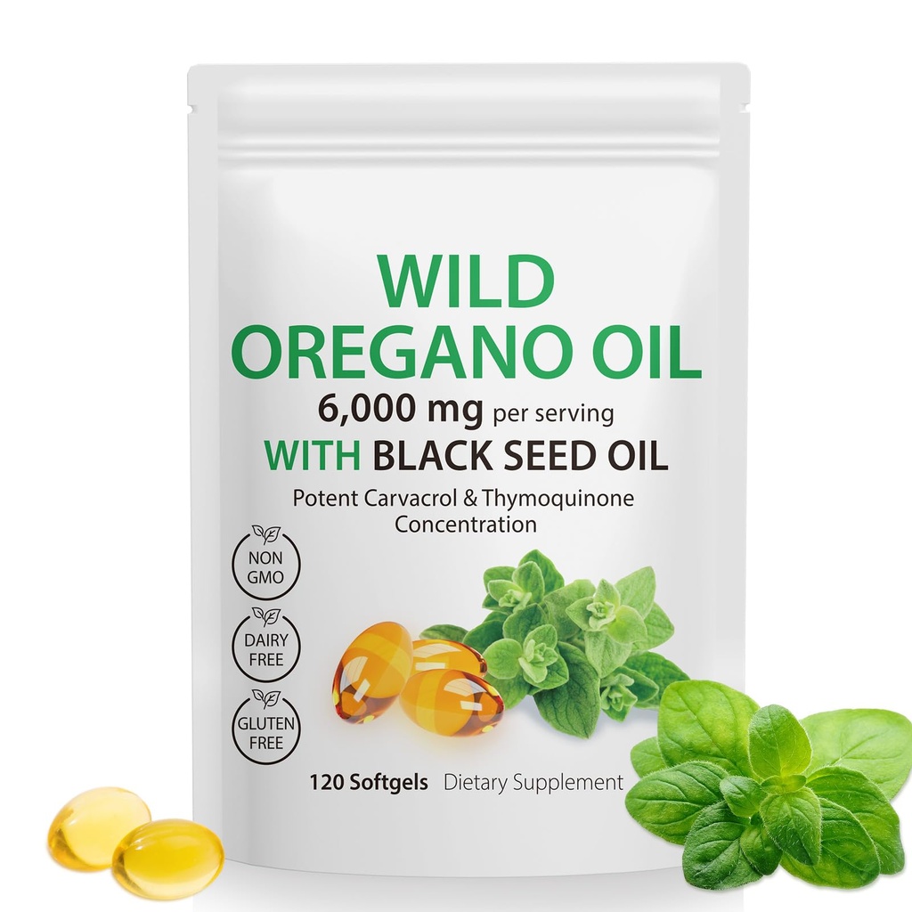 Öl von Oregano Softgels,Oregano Öl Kapseln Bio,2-in-1 6000mg Öl von Oregano mit schwarzem Seedöl 200mg,Oregano Öl mit schwarzem Seed Öl Softgels,120 Softgel Kapseln