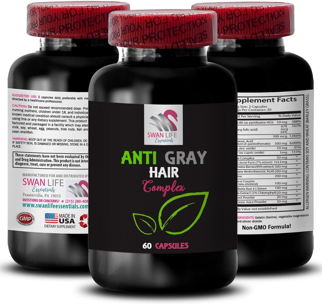 Anti gris pilules capillaires - ANTI GRAY HAIR COMPLEX - Couleur vitalité, soin des cheveux gris, ton frais, couleur vibrante, supplément anti gris, contrôle de l'ombre des cheveux, look jeune 1 bouteille 60 Capsules