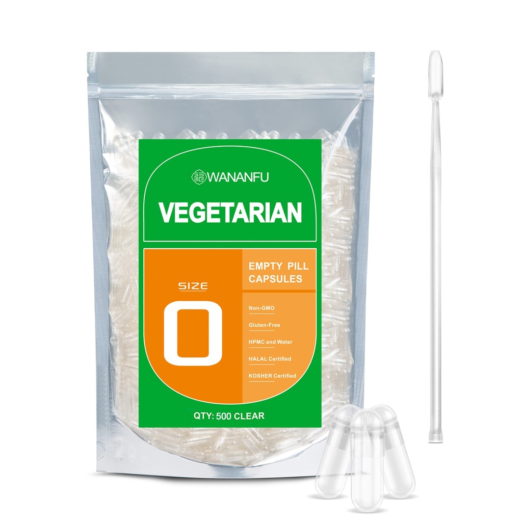 wananfu Taille 0 Capsules vides Végétarien (500 Nombre) Bundle avec Micro Lab Spoon, Effacer Capsules Veggie Pill Taille 0 pour faire vos propres suppléments