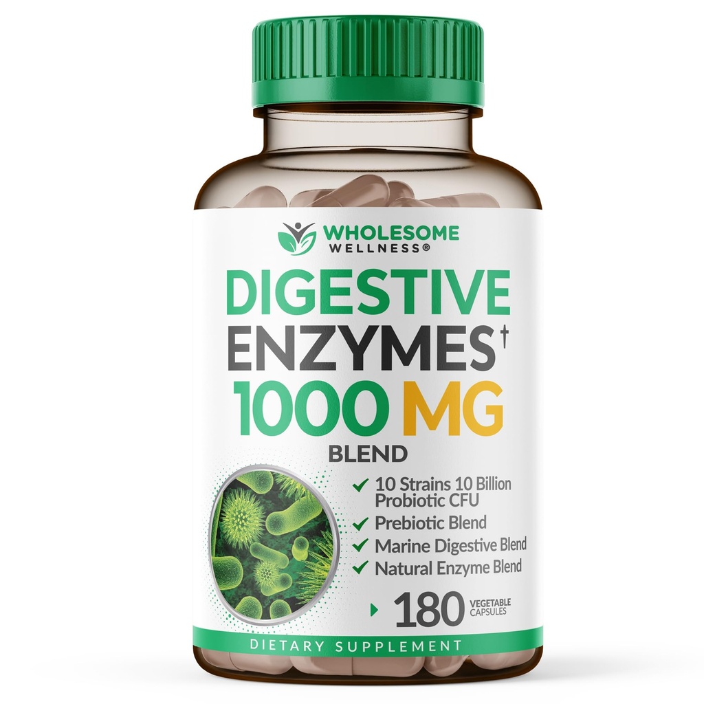 Vollständige Wellness Verdauungsenzyme 1000MG Plus Präbiotika & Probiotika Beilage, 180 Kapseln, Organic Plant-Based Vegan Formel für Verdauung & Lactose mit Amylase & Bromelain, 3-6 Monate Versorgung